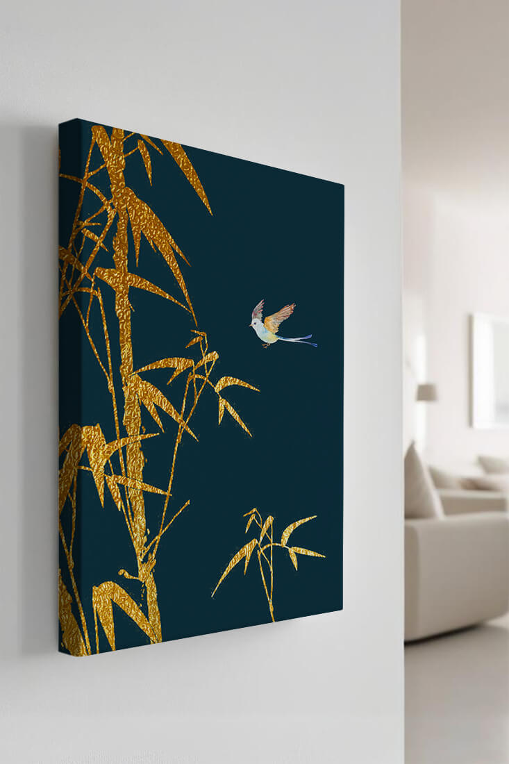 Golden bamboo and bird against a deep blue background