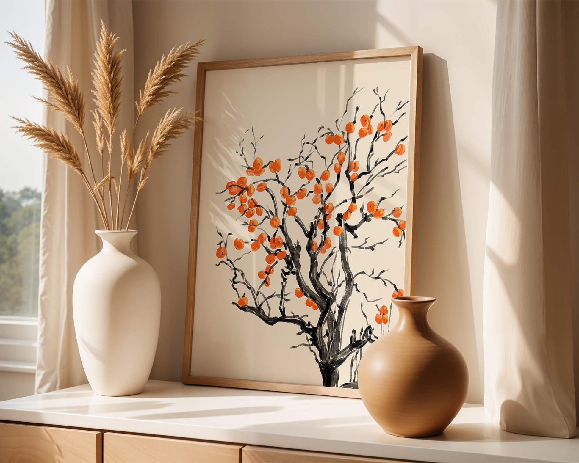 Elegant watercolor tree with vibrant orange fruit