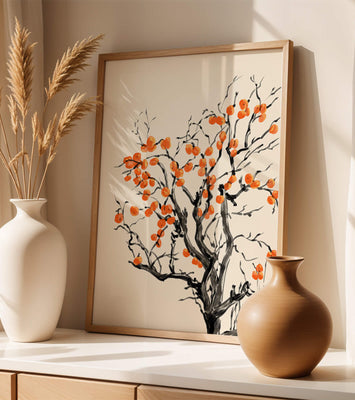Elegant watercolor tree with vibrant orange fruit