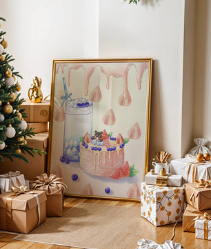 Escena de postre caprichosa con pastel y bebida con acentos juguetones