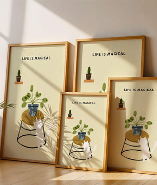 Ilustración encantadora de un gato con planta y mensaje inspirador