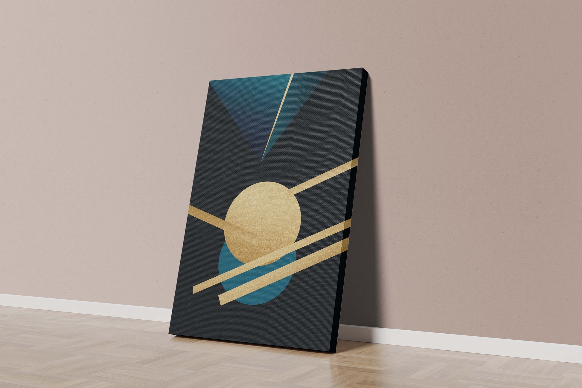 Abstract Geometric Composition with Gold and Blue Elements