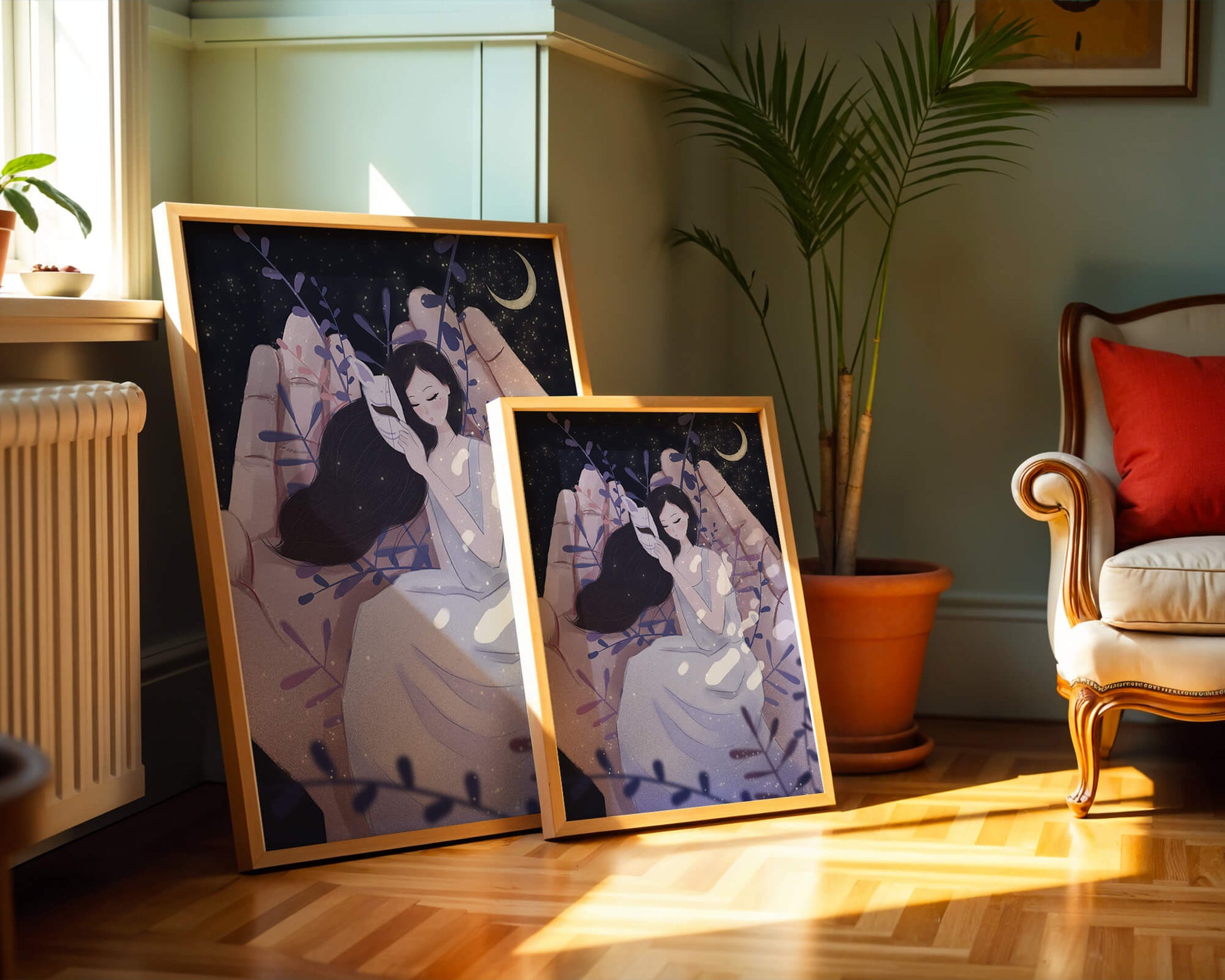 Un momento tierno bajo la luz de la luna con máscara y atmósfera onírica