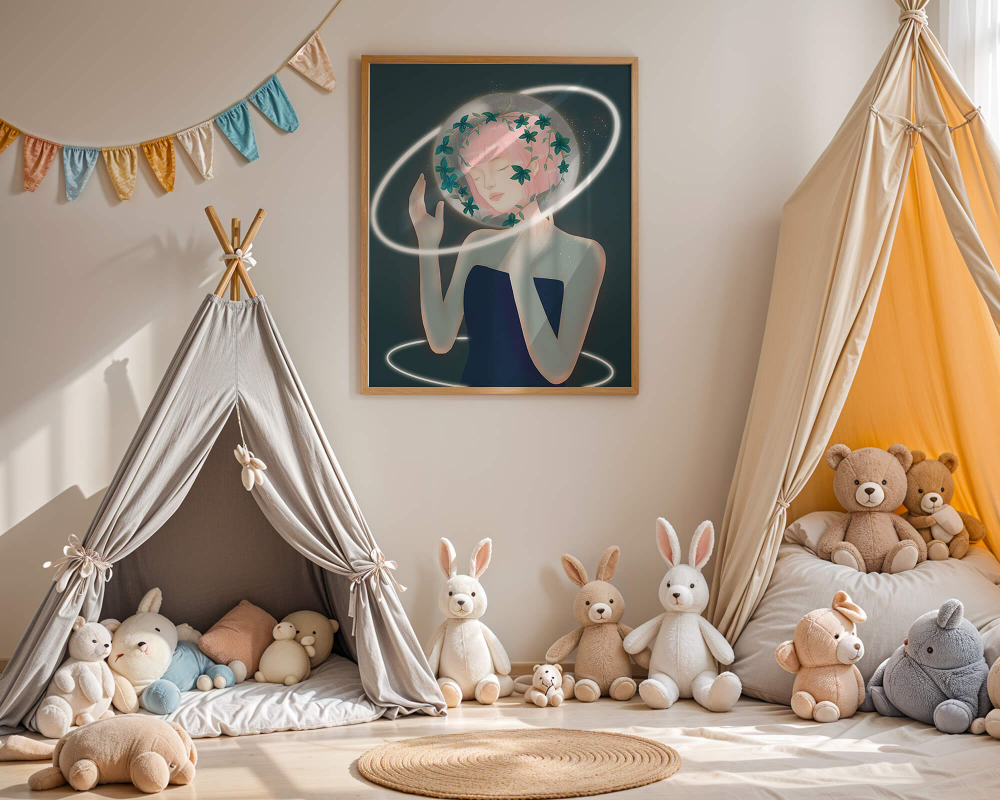 Dreamlike fantasy portrait with ethereal pink-haired figure