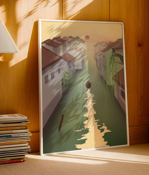 Escena de río tranquilo con arquitectura tradicional y atardecer
