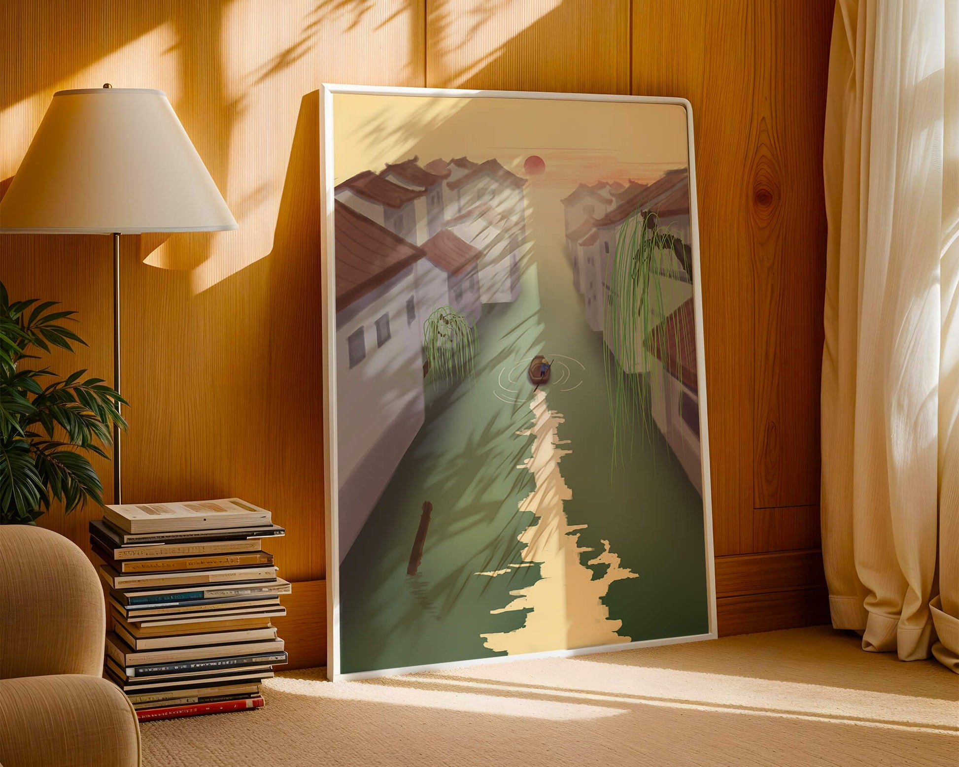 Tranquil river scene with traditional architecture and sunset