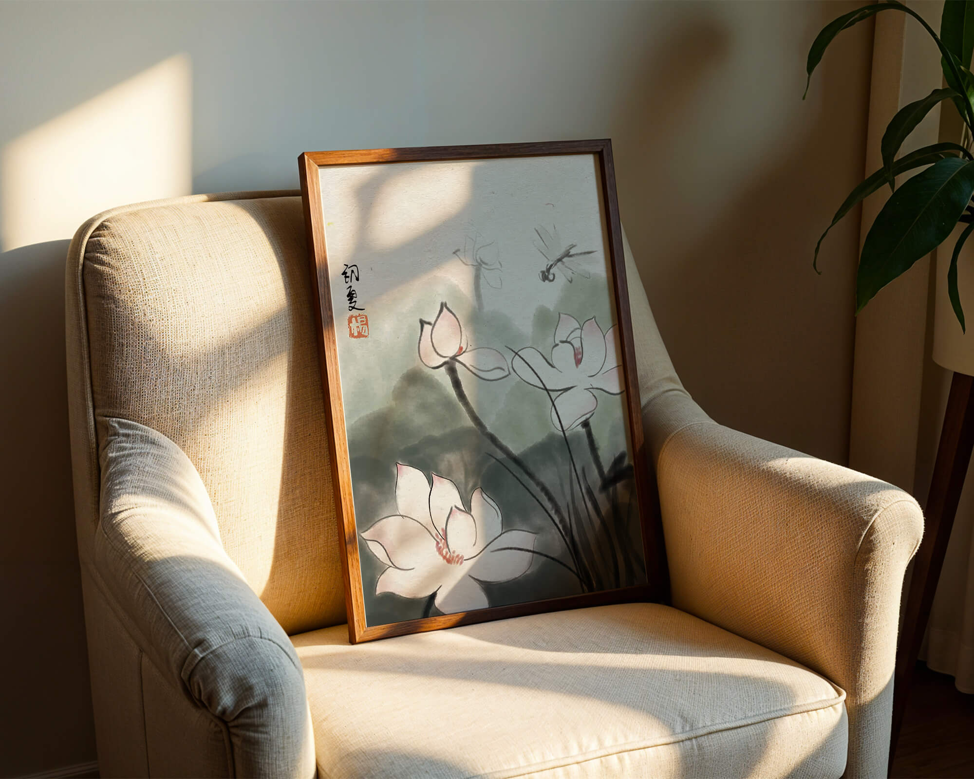 Delicate watercolor of lotus flowers with dragonfly in serene atmosphere