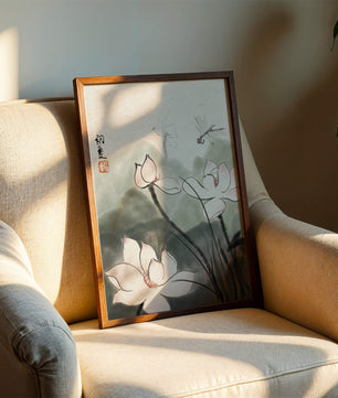 Delicate watercolor of lotus flowers with dragonfly in serene atmosphere