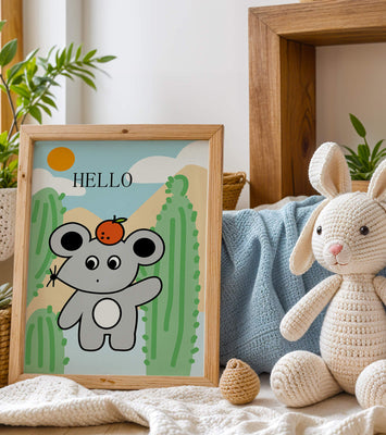 Cute illustration of a mouse with an orange on a sunny background
