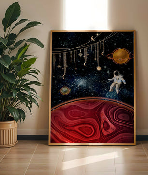 Escena espacial surrealista con astronauta y elementos celestiales