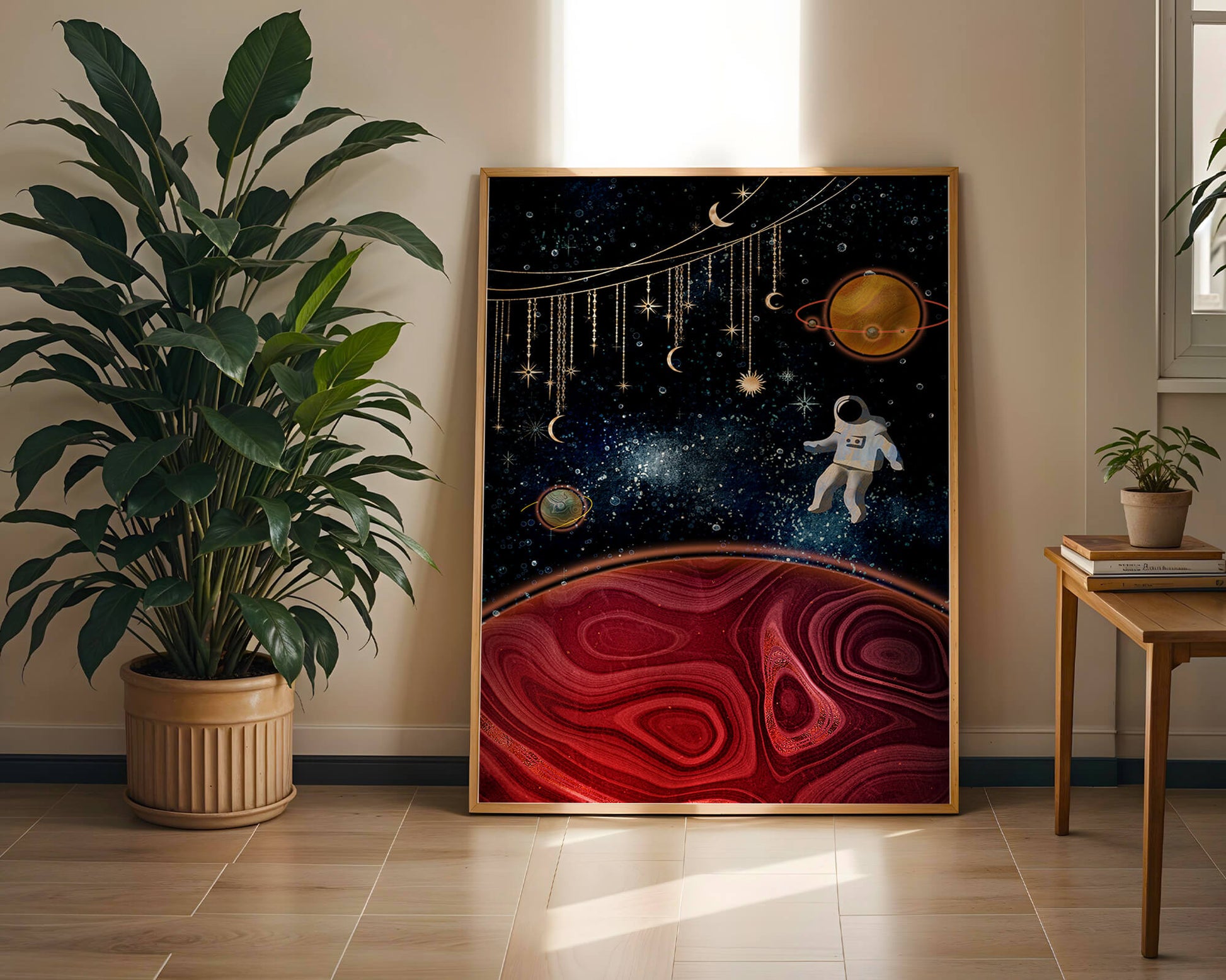 Surreal space scene with astronaut and celestial elements