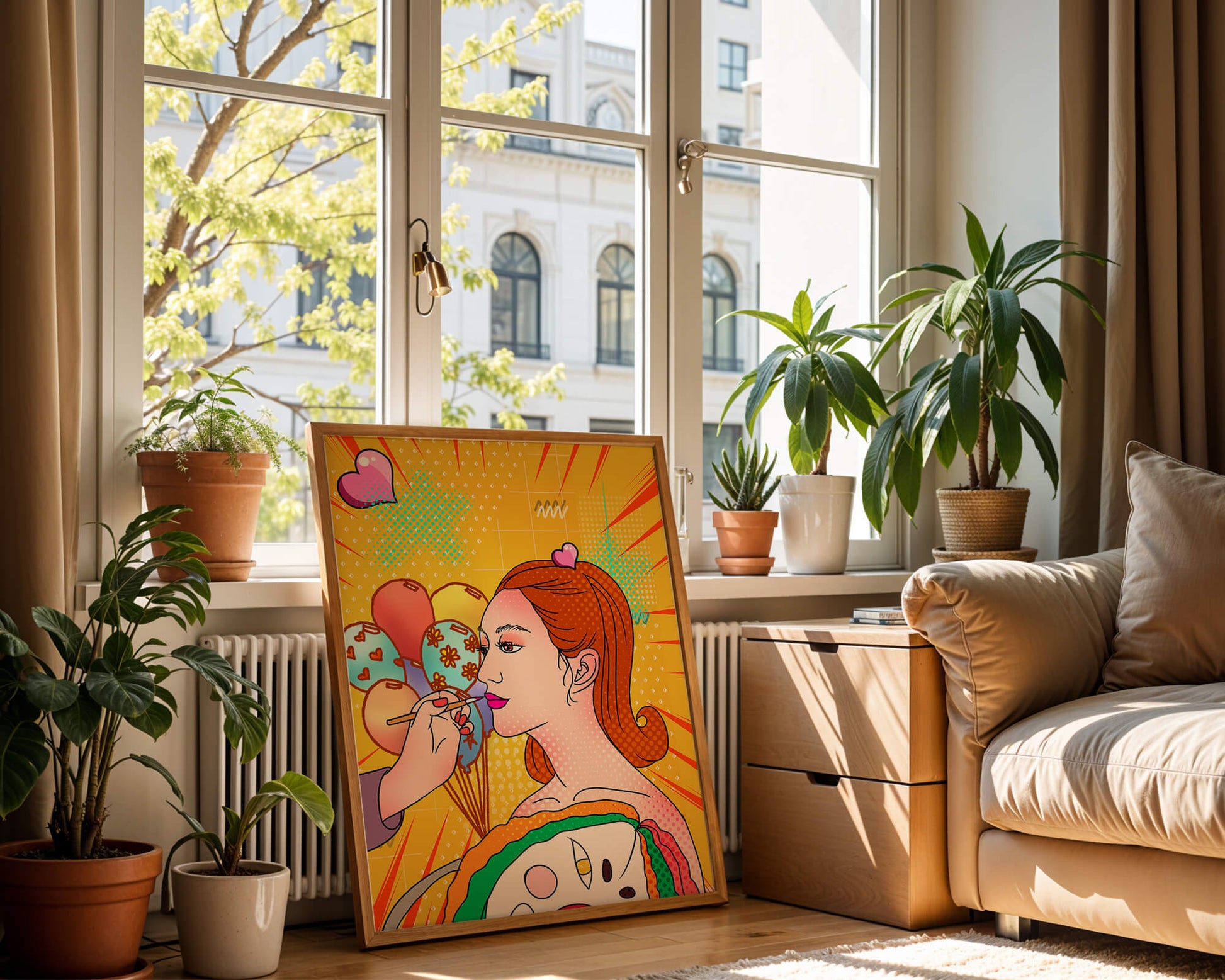 Colorful pop art woman portrait with balloons and vibrant patterns