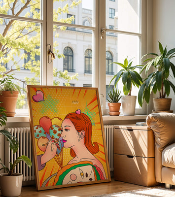 Colorful pop art woman portrait with balloons and vibrant patterns