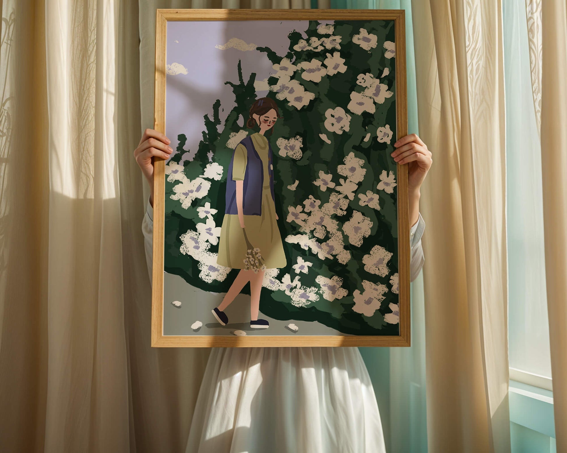 Woman walking by a lush white flower bush on a sunny day