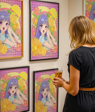 Anime-Mädchen mit leuchtenden Blumen und lila Haaren auf buntem Hintergrund