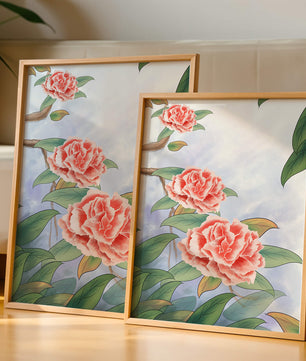 Illustrated pink carnations with green leaves in serene botanical art