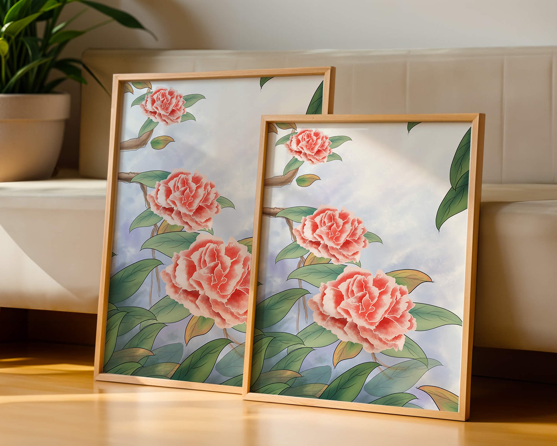 Illustrated pink carnations with green leaves in serene botanical art