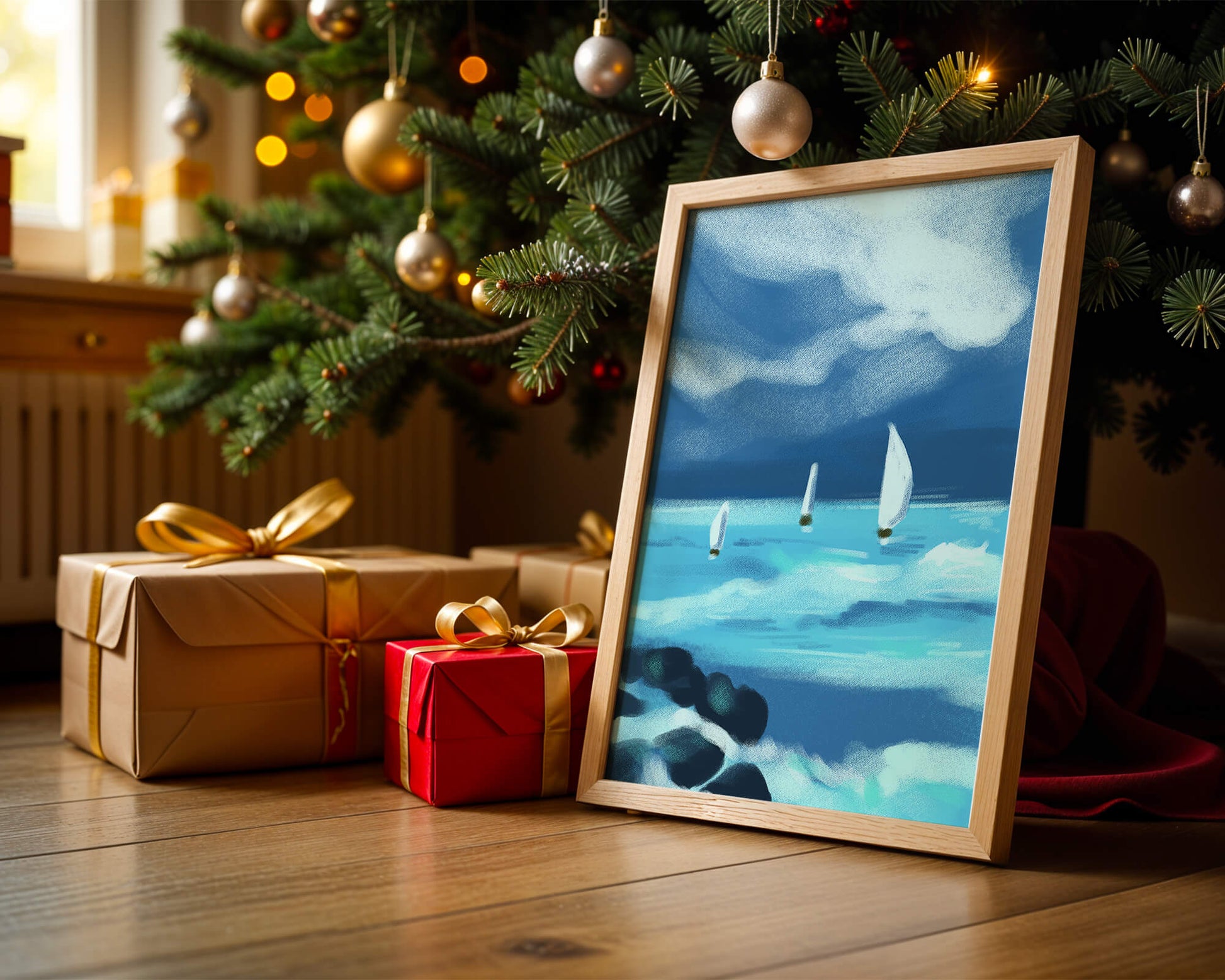 Seascape with sailboats navigating blue waves under a dramatic sky