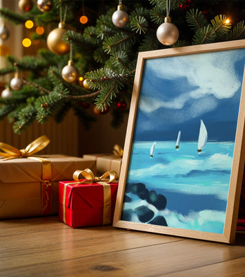 Seascape with sailboats navigating blue waves under a dramatic sky