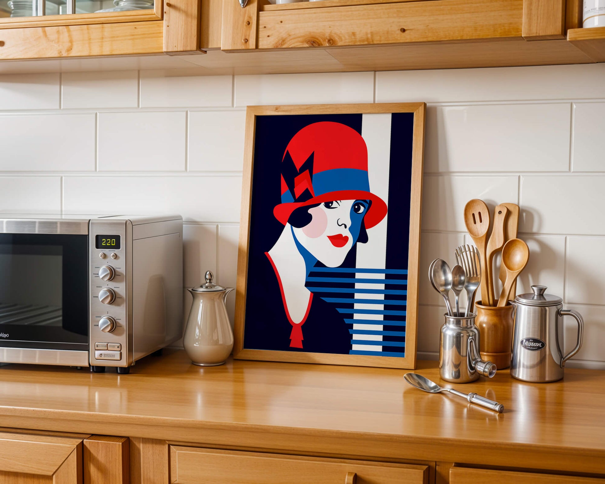 Elegante mujer de estilo art déco con sombrero cloche rojo y patrones geométricos.