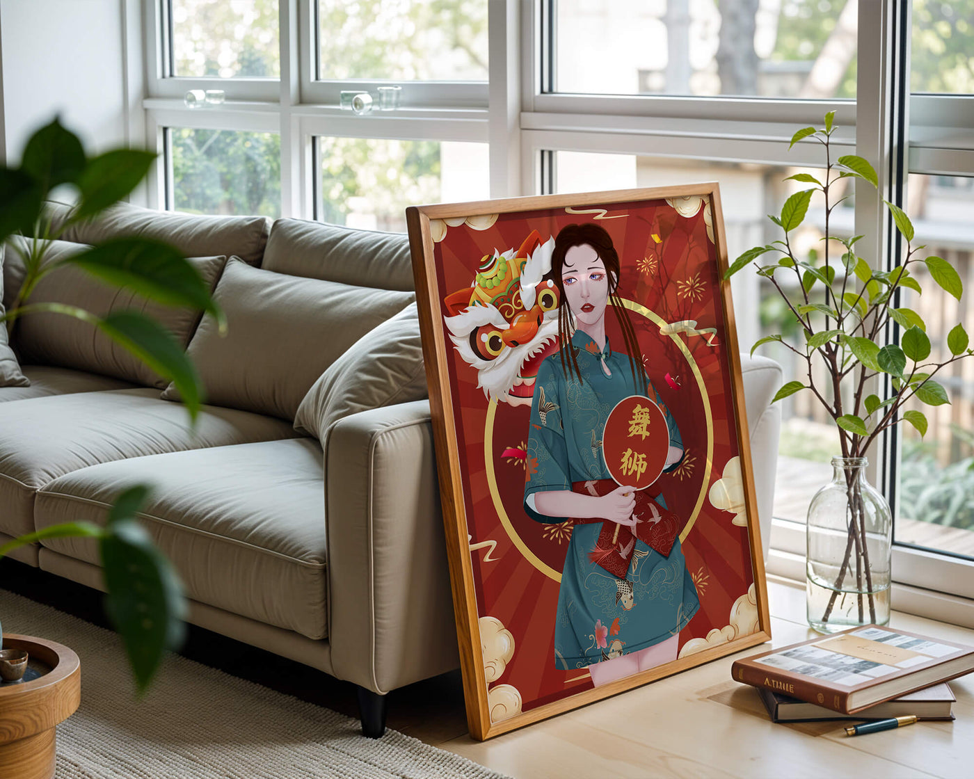 Elegant woman in traditional attire with lion dance mask in vibrant background