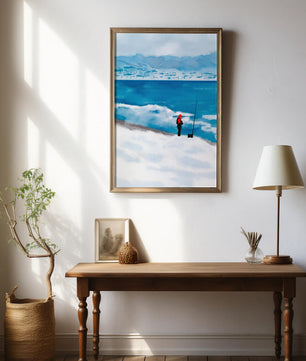 Winterlandschaft mit Person in roter Jacke am Meer