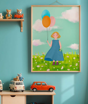 Girl with balloons in a field of daisies under a blue sky