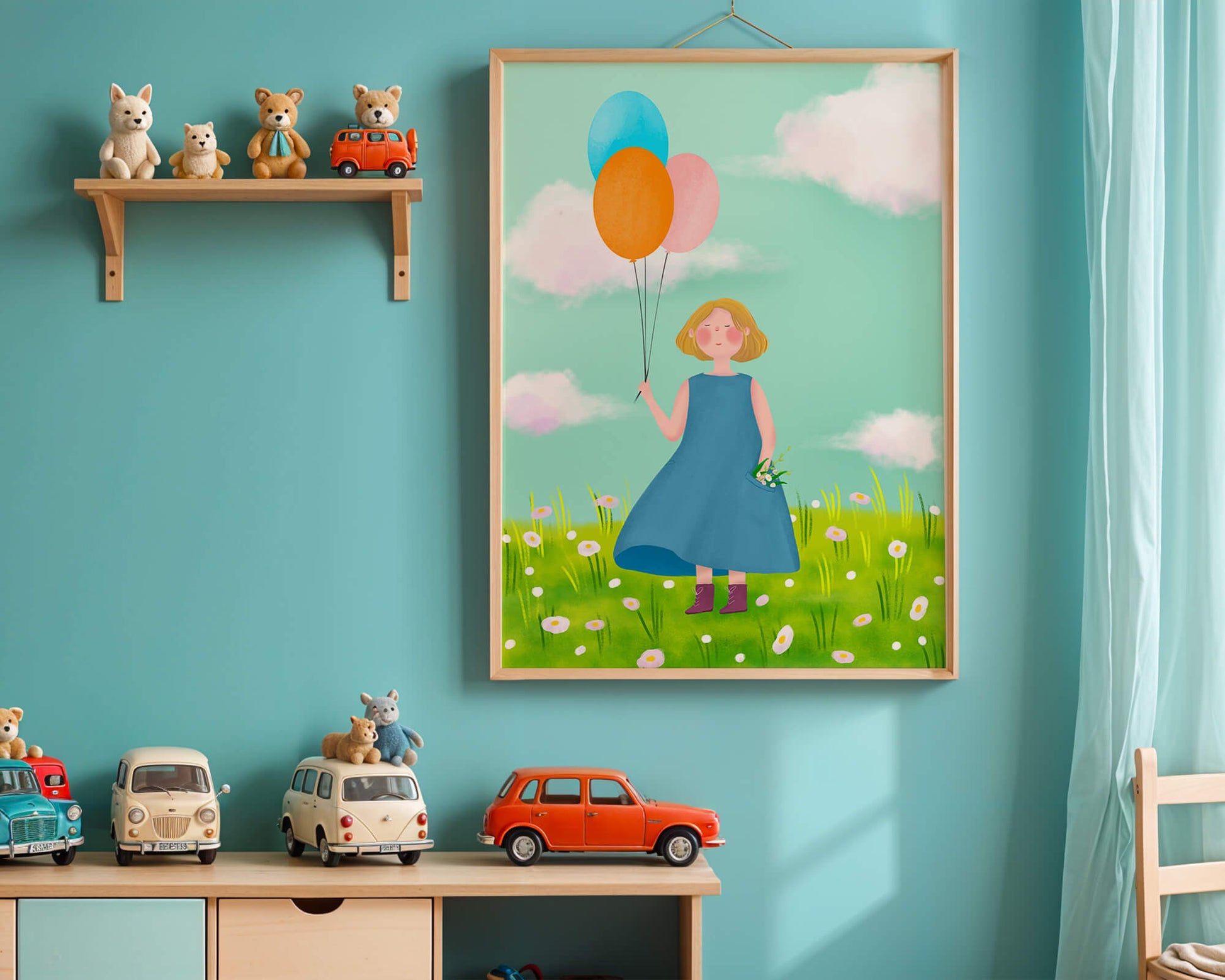Girl with balloons in a field of daisies under a blue sky