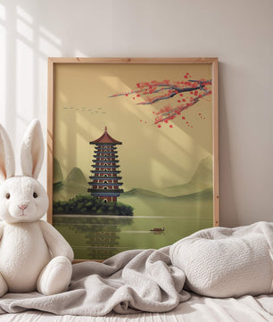 Serene landscape with traditional pagoda and blooming cherry blossoms