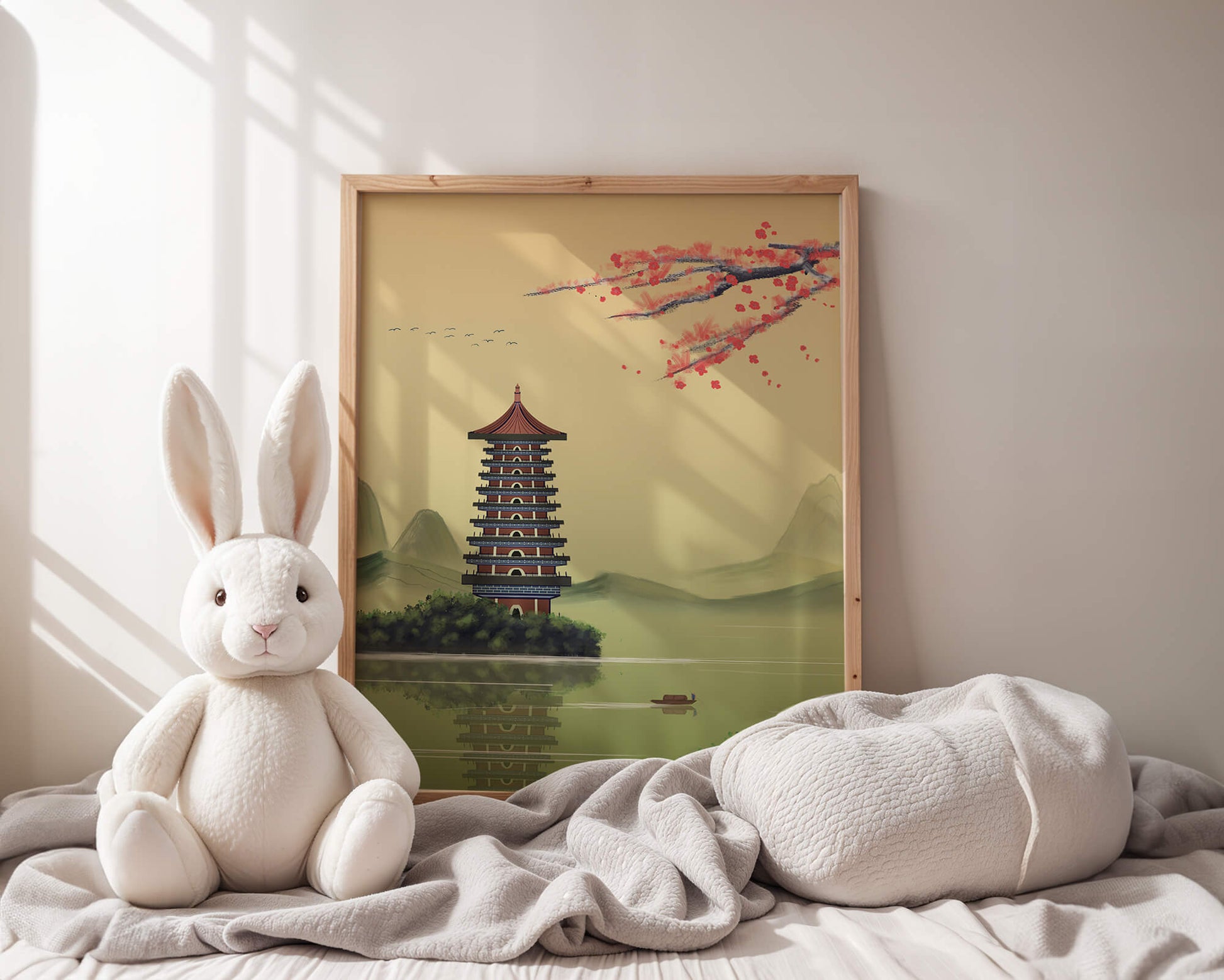 Serene landscape with traditional pagoda and blooming cherry blossoms
