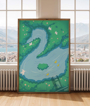 Serene River with Ducks and Birds in a Lush Landscape