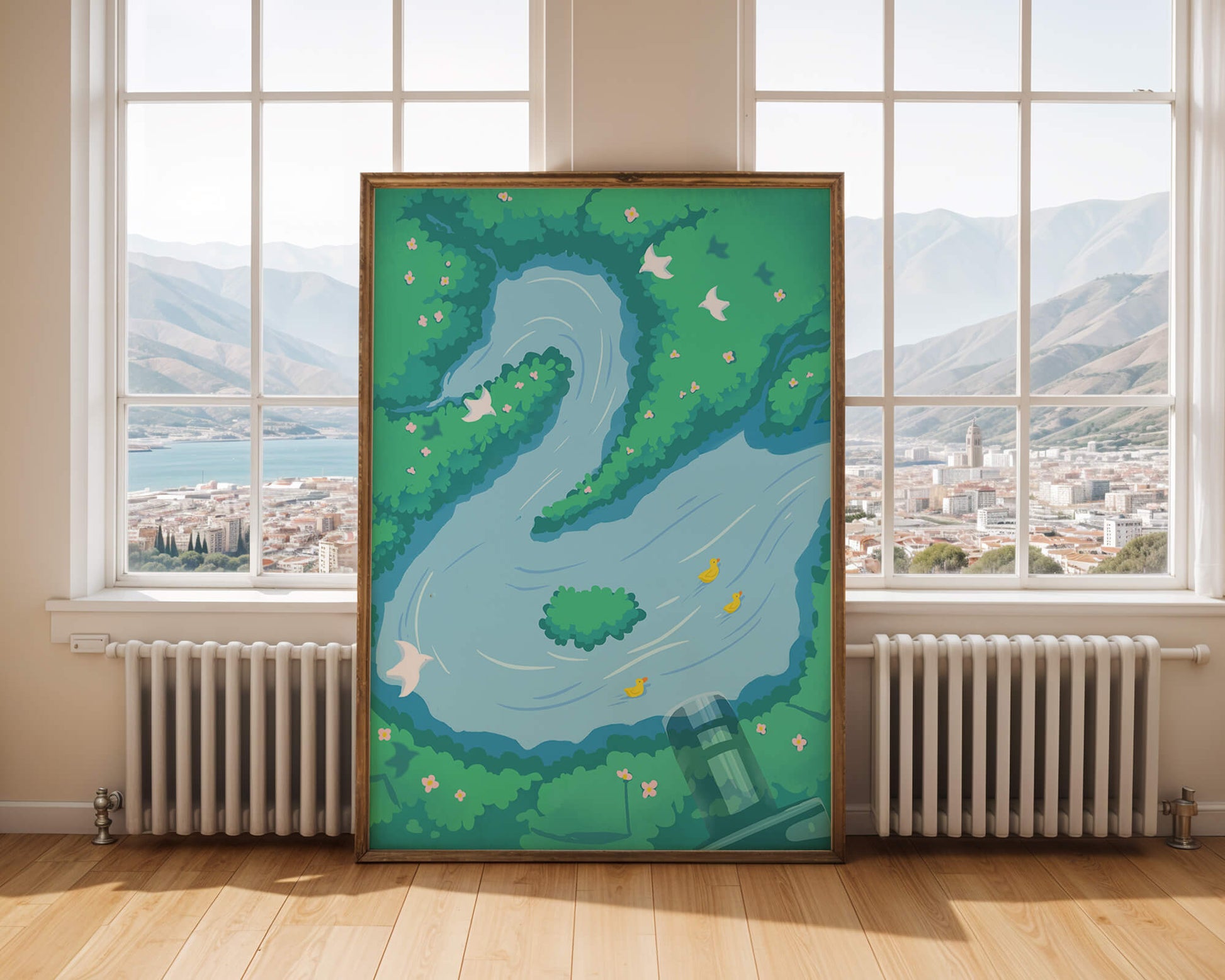 Río sereno con patos y aves en un paisaje exuberante