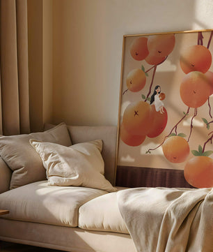 Whimsical illustration of girl with giant oranges and branches