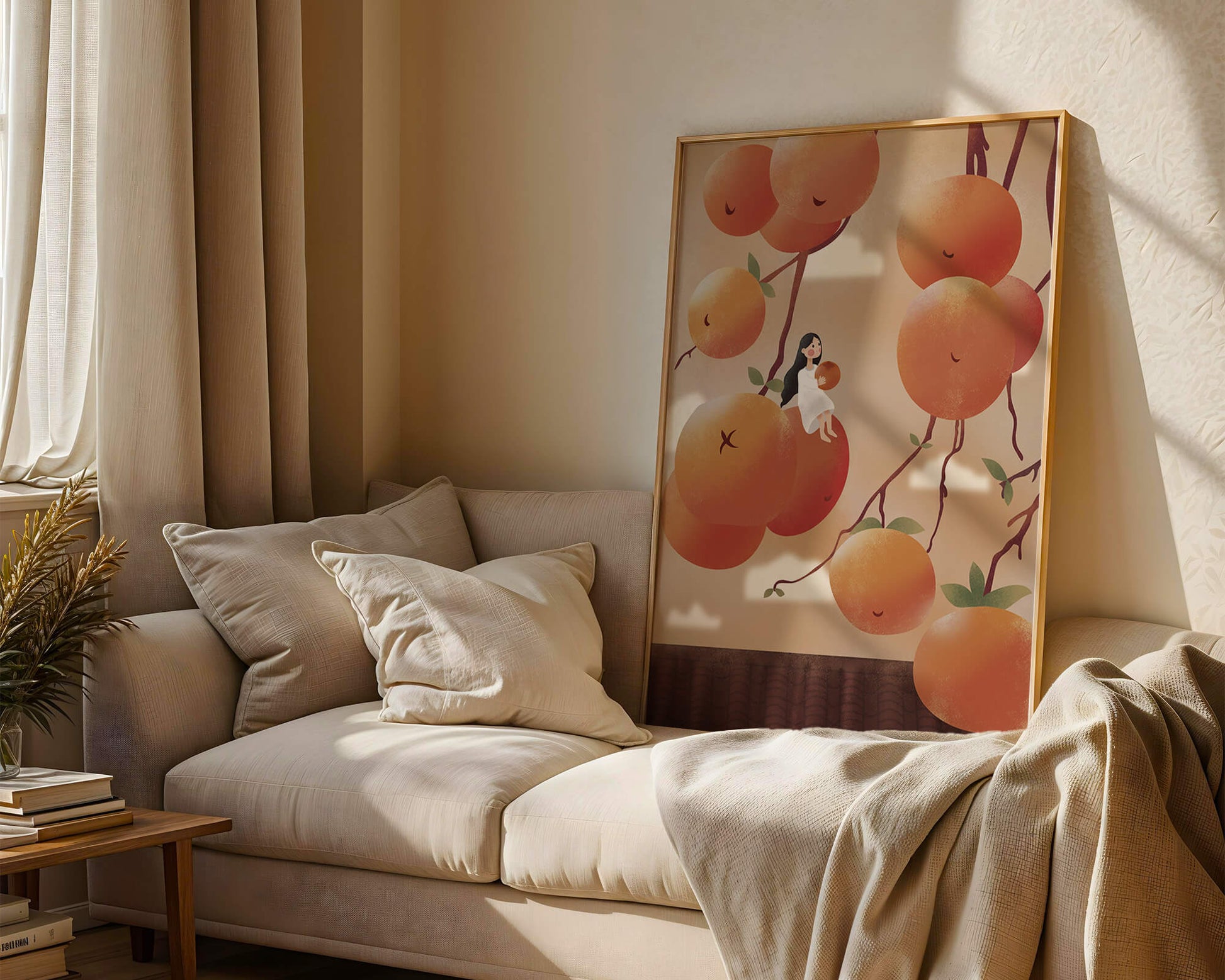 Whimsical illustration of girl with giant oranges and branches