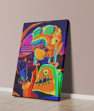 Vibrant futuristic illustration with a colorful character in helmet and flowers