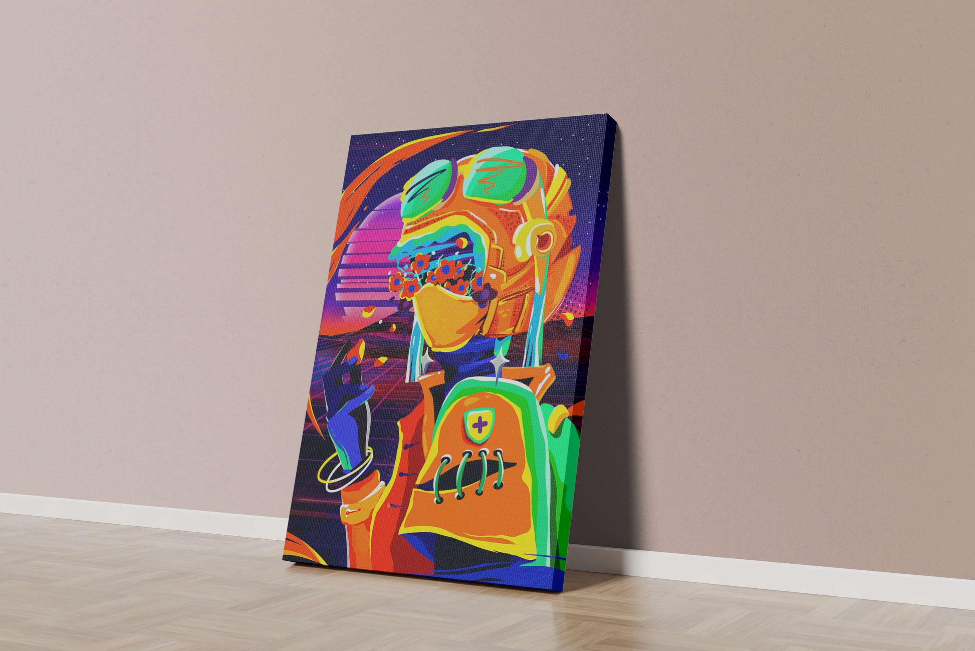 Vibrant futuristic illustration with a colorful character in helmet and flowers