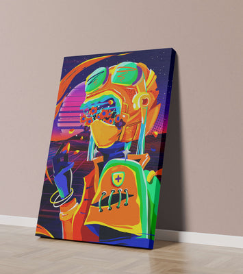 Vibrant futuristic illustration with a colorful character in helmet and flowers