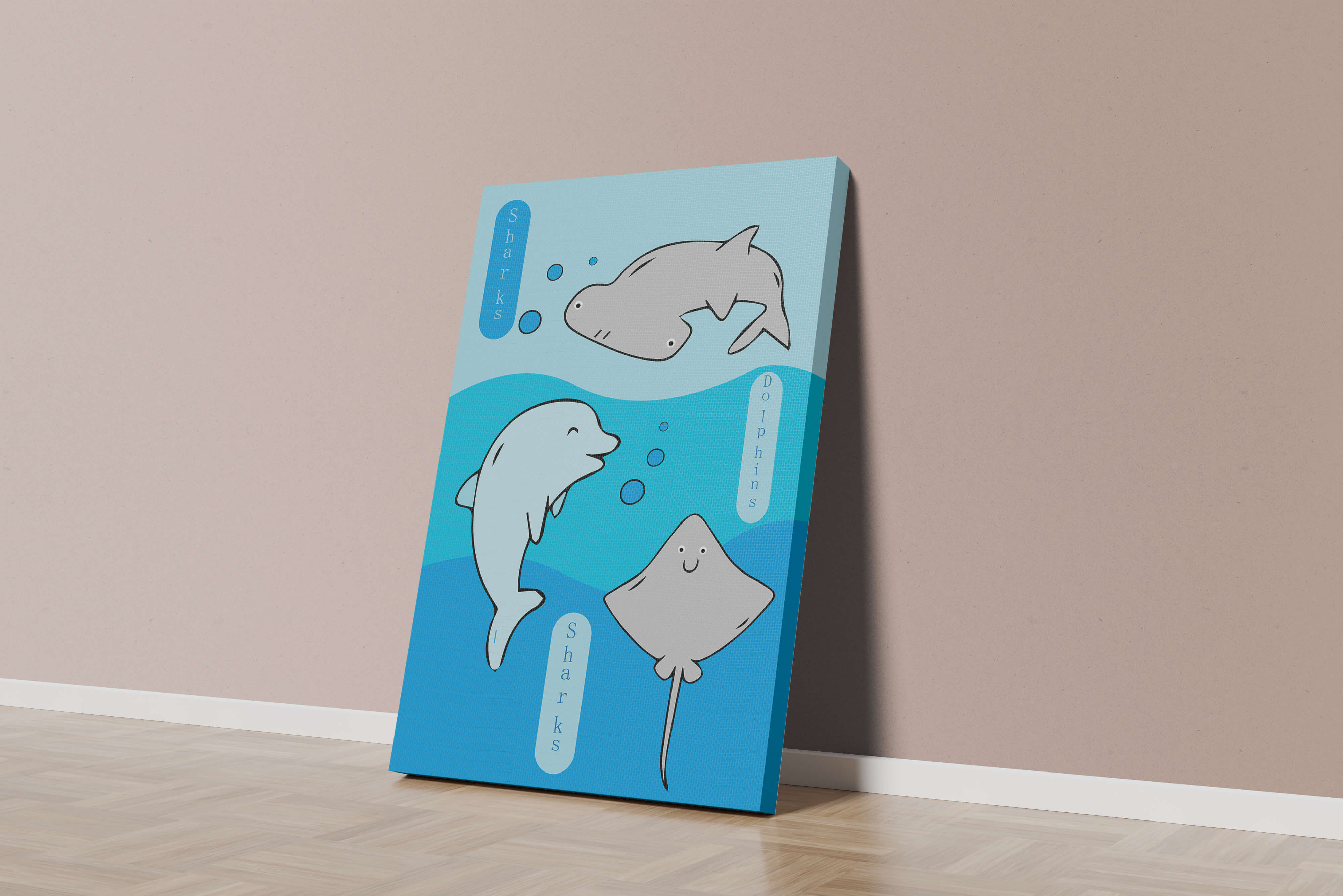 Cartoon sea animals illustration with shark, dolphin, and stingray