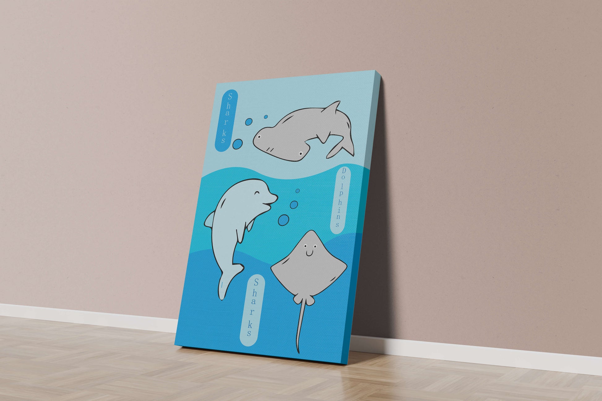 Cartoon sea animals illustration with shark, dolphin, and stingray