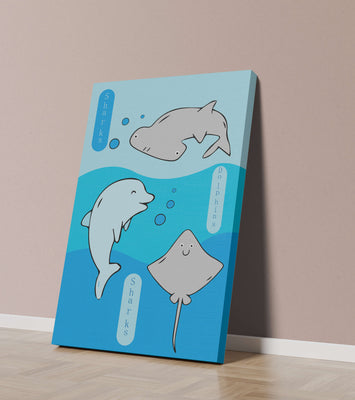 Cartoon sea animals illustration with shark, dolphin, and stingray