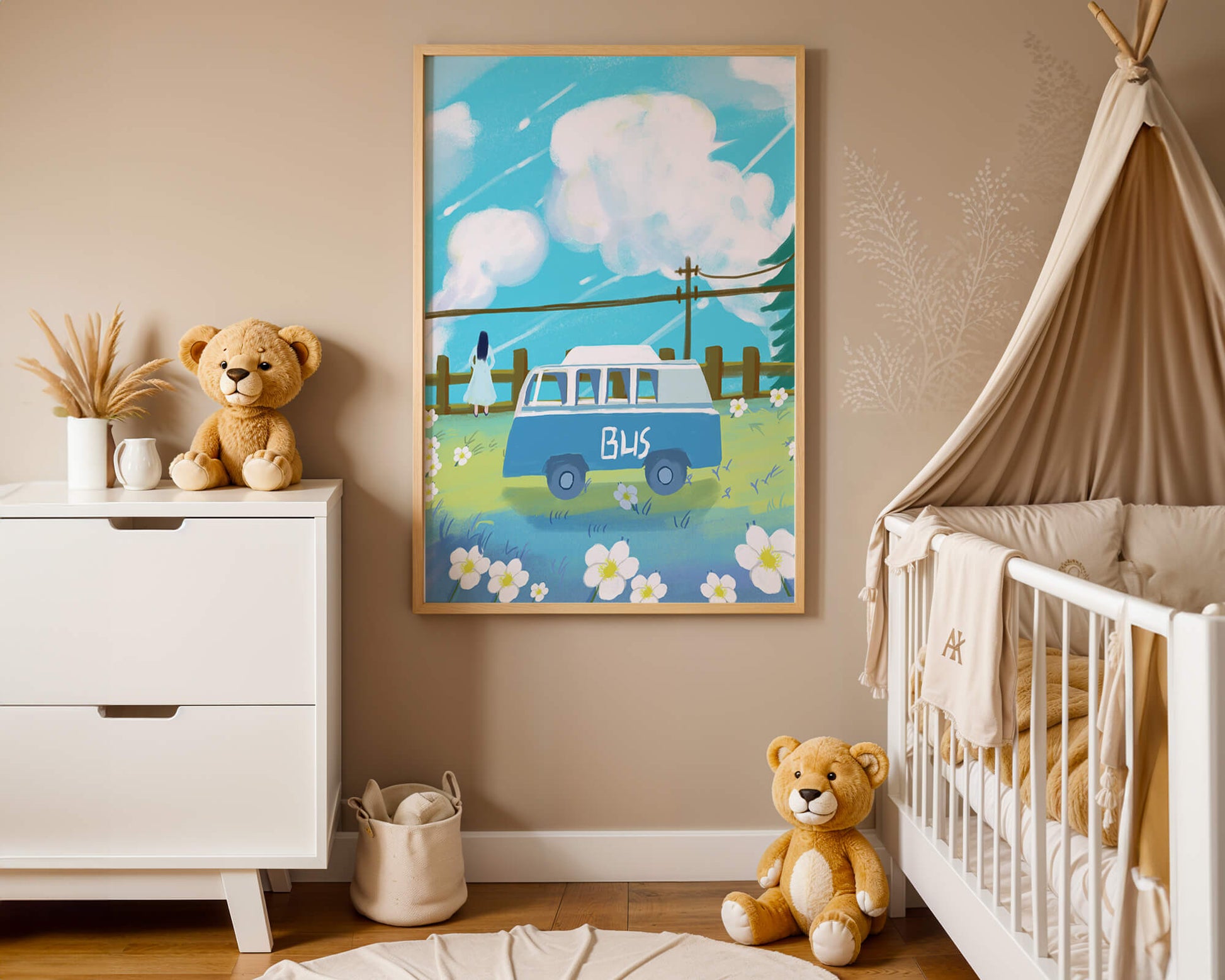 Ilustración escénica con autobús azul y prado en flor