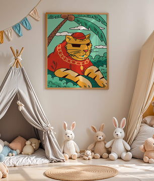 Stylish cartoon tiger lounging under a tropical palm tree with gold accessories