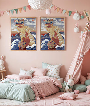 Traditionelle chinesische Löwentanzkunst mit malerischem Hintergrund