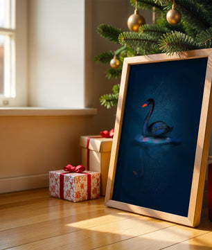 Majestic Black Swan Under Starry Night Sky with Golden Accents - Mi tienda