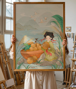 Paisaje sereno con una chica y una cesta de naranjas junto al agua