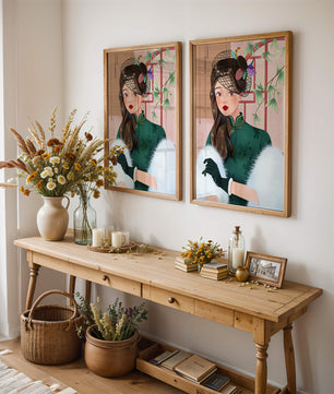 Elegant woman in vintage attire with netted hat and floral elements