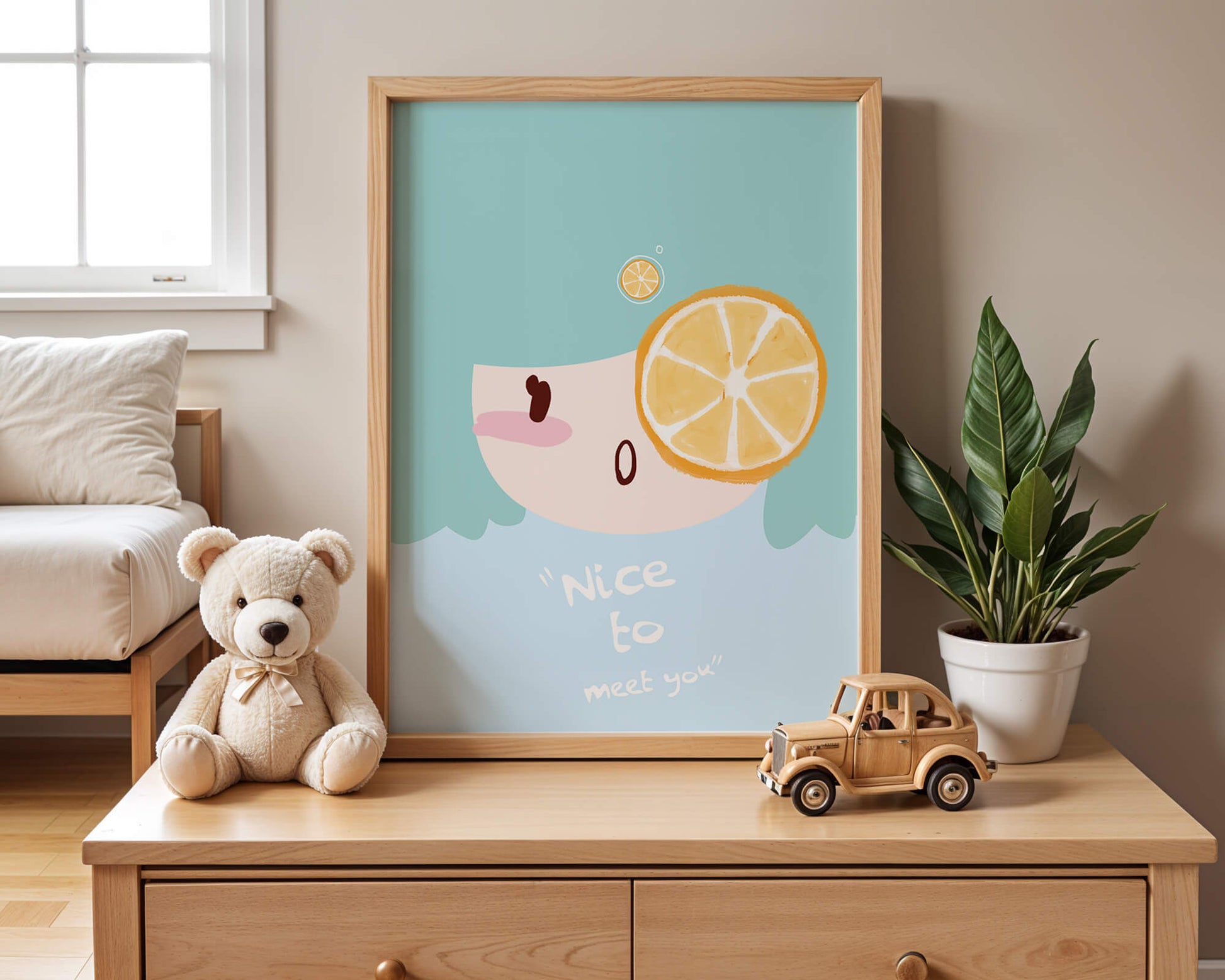 Playful Illustration of a Cartoon Face with Citrus Accent