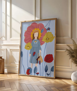 Fille dans un pays des merveilles fleuri avec des couleurs pastel et des fleurs vibrantes