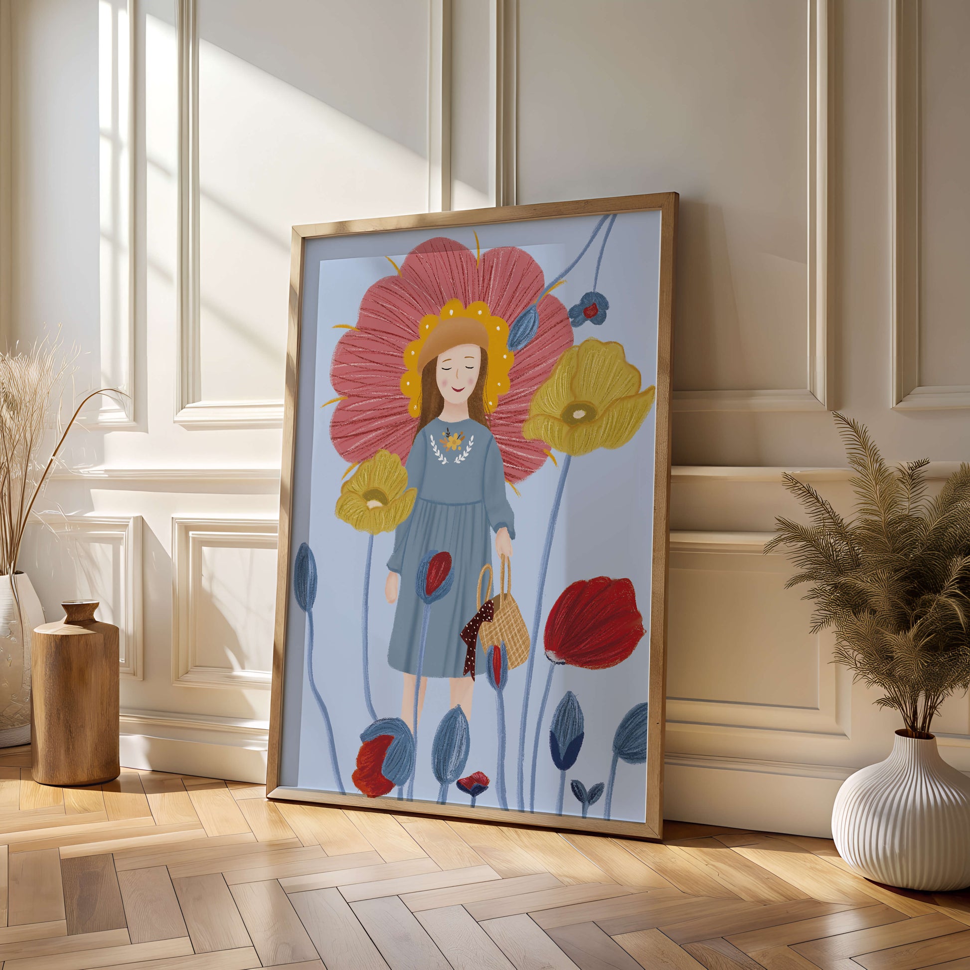Fille dans un pays des merveilles fleuri avec des couleurs pastel et des fleurs vibrantes