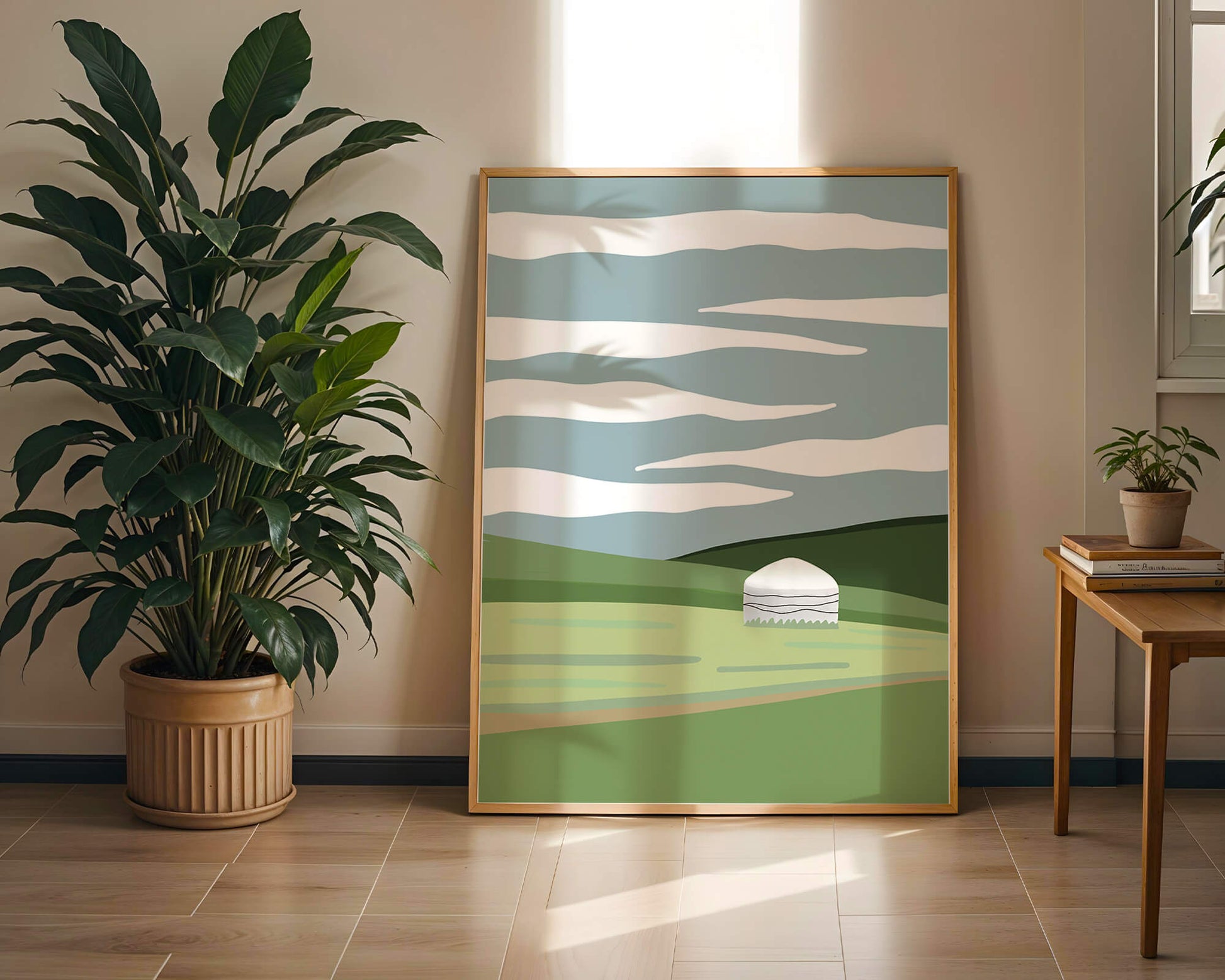 Paisaje escénico con yurta en campos verdes serenos